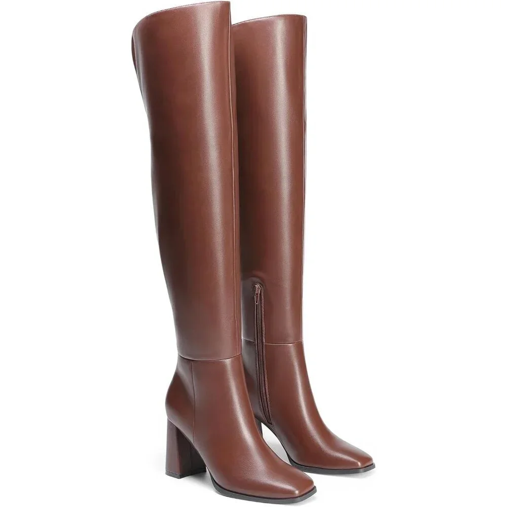 Women's Brown Faux Leather Thigh High Block Chunky Heeled Knee High Long Boots